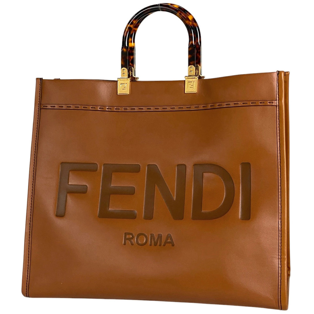 Fendi Sunshine Tote Bag Shopper Handbag Demi Logo Leather Brown